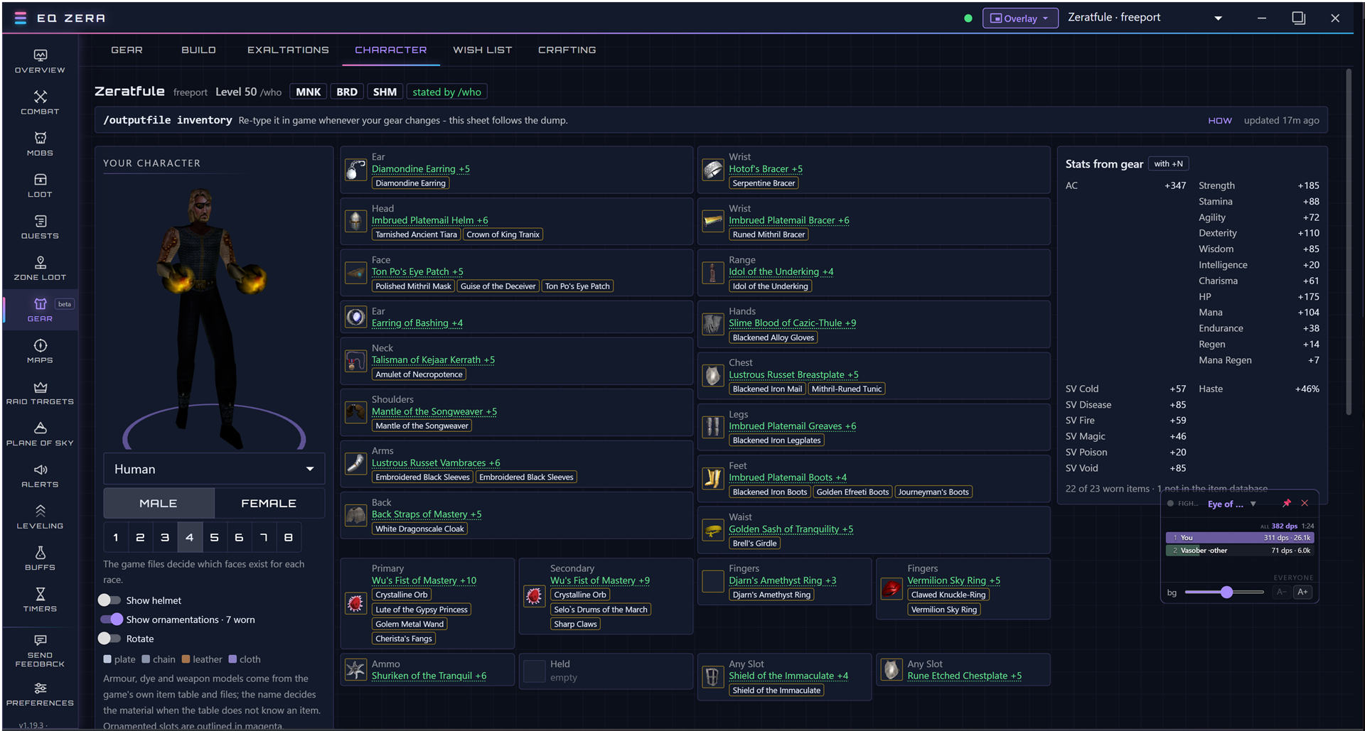 EQ Zera Character tab: a 3D model of the character wearing their gear beside every equipped slot and the stats from gear
