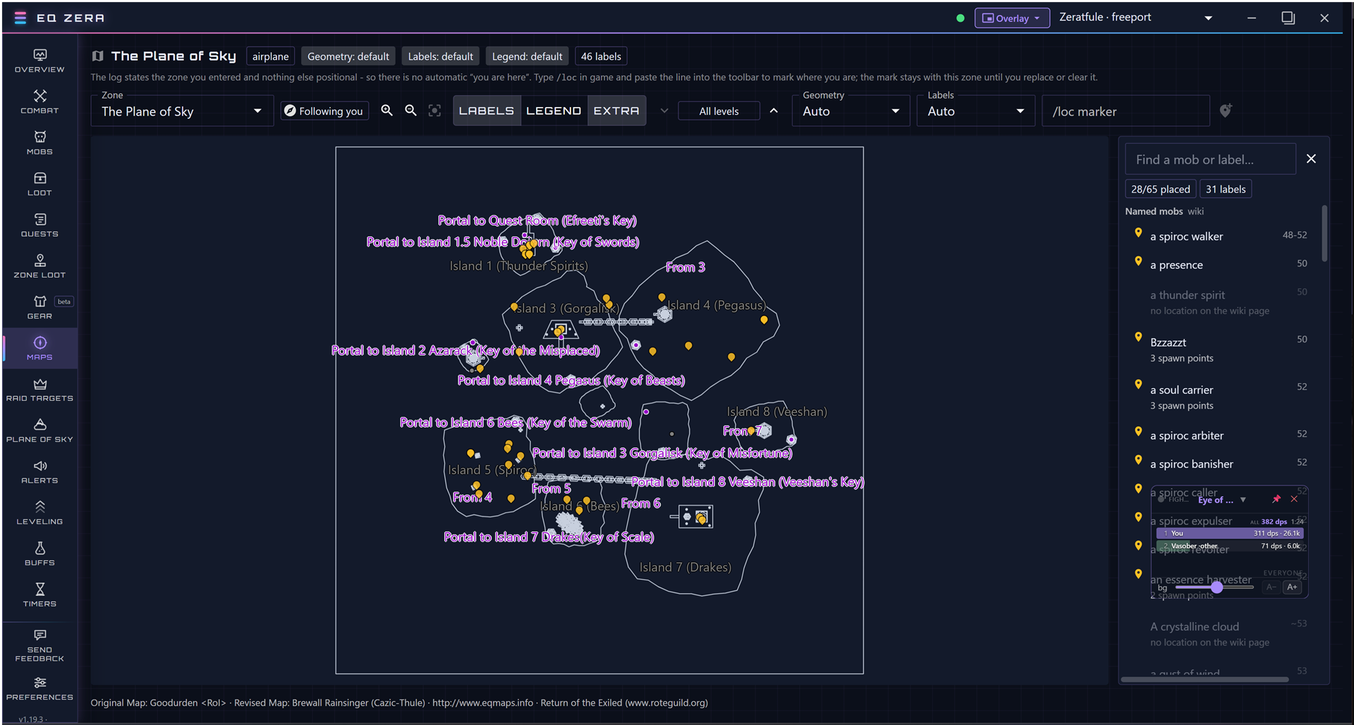 EQ Zera Maps tab: the Plane of Sky map with island portals and key names labelled, and a named mob list with spawn points