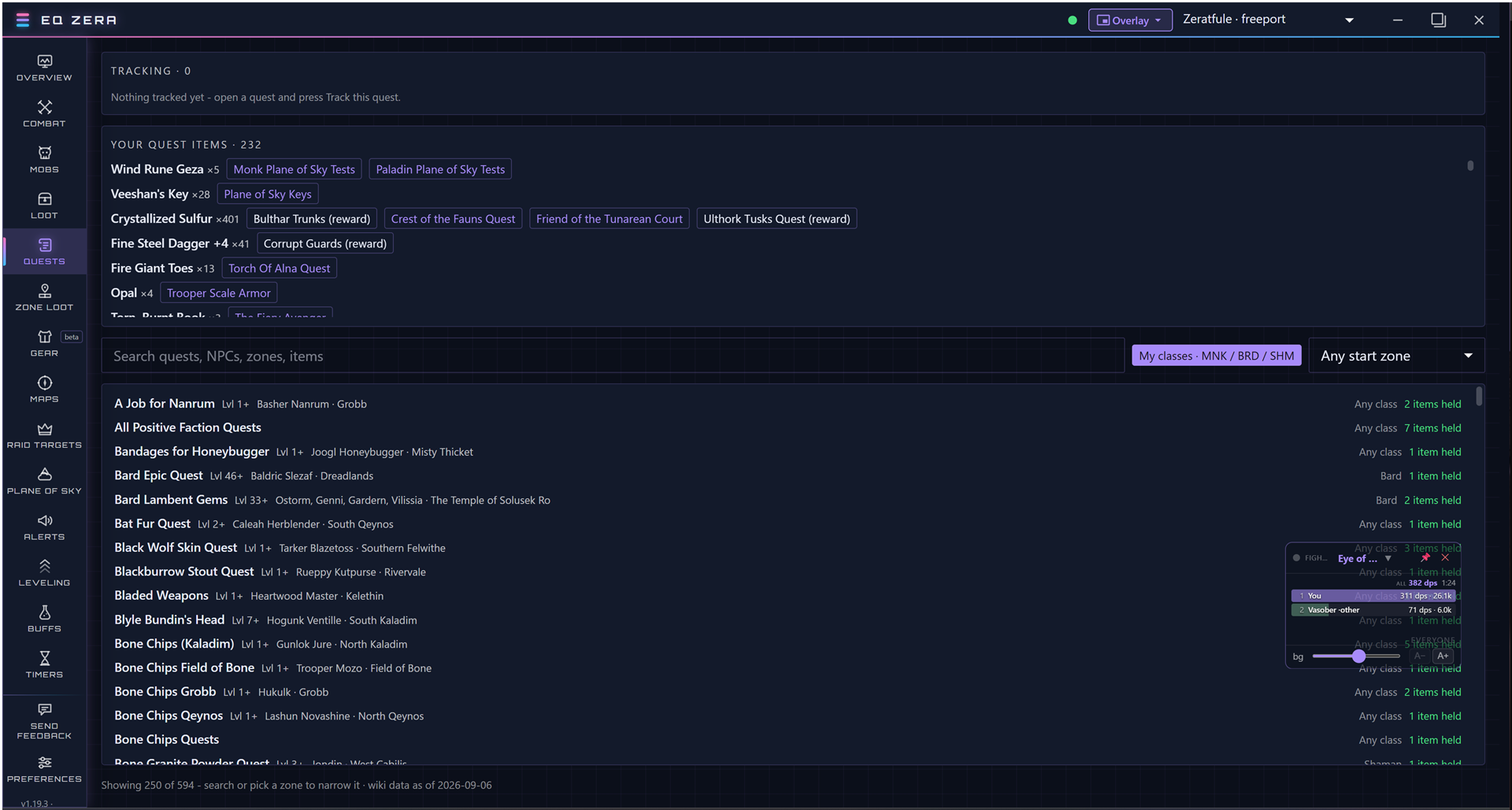 EQ Zera Quests tab: quest items you hold linked to the quests that need them, and a searchable list of quests with class and start zone filters