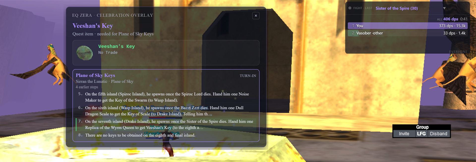 EverQuest Legends in borderless windowed mode with the EQ Zera DPS overlay in the top right and a quest item card in the centre