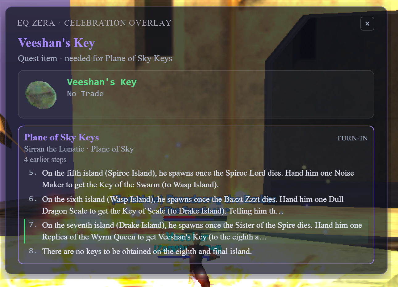 EQ Zera quest item card over EverQuest Legends: Veeshan's Key was looted, the card names the Plane of Sky Keys quest and lights step seven